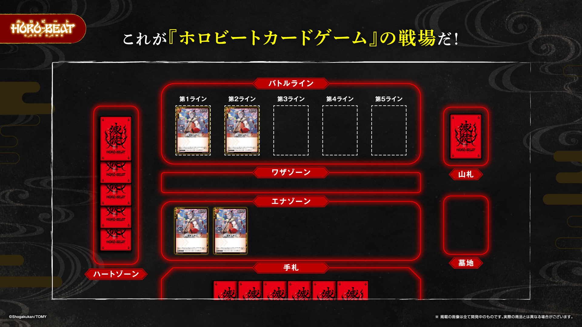 ผังสนามโฮโรบีท แสดงแบทเทิลไลน์ 5 ช่อง ฮาร์ตโซน เอนะโซน วาซะโซน กองเด็ค และสุสาน